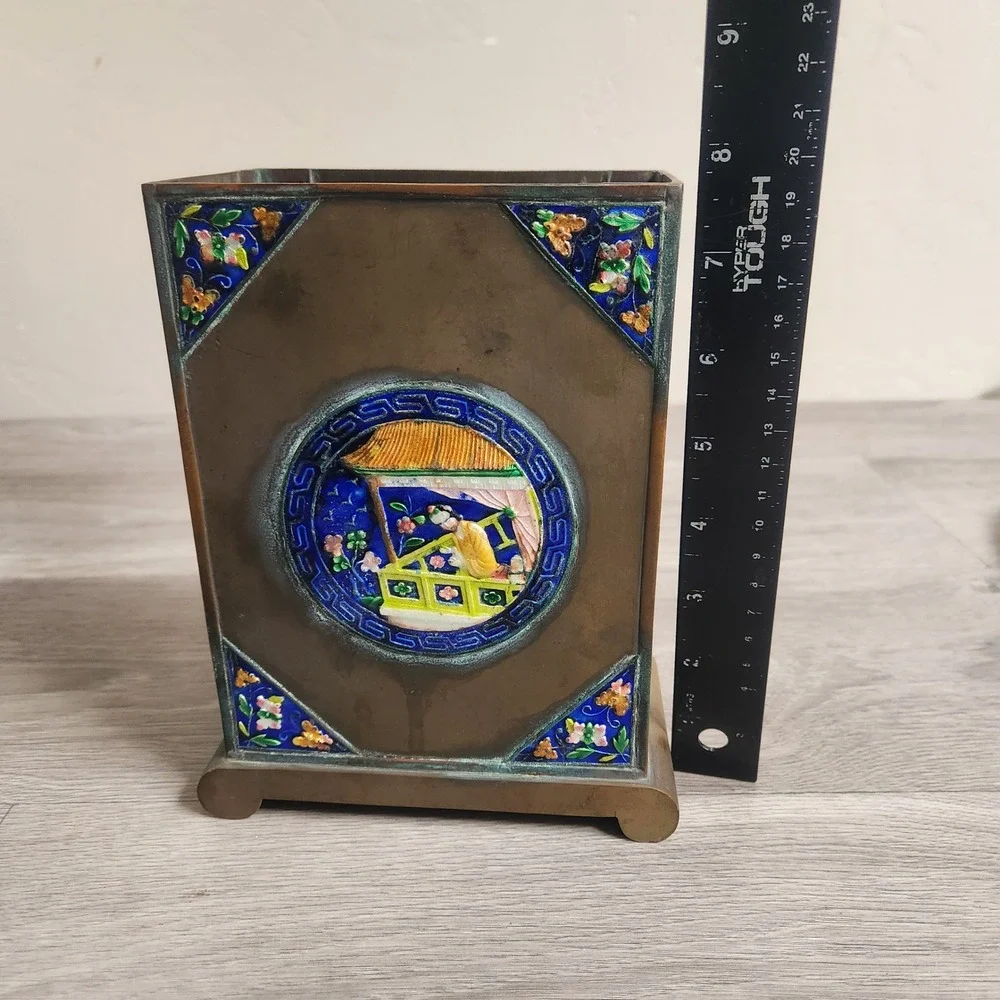 Antique Chinese Cloisonne Enamel Brass Brush Pot‎ Vase Figure Scene Butterfly